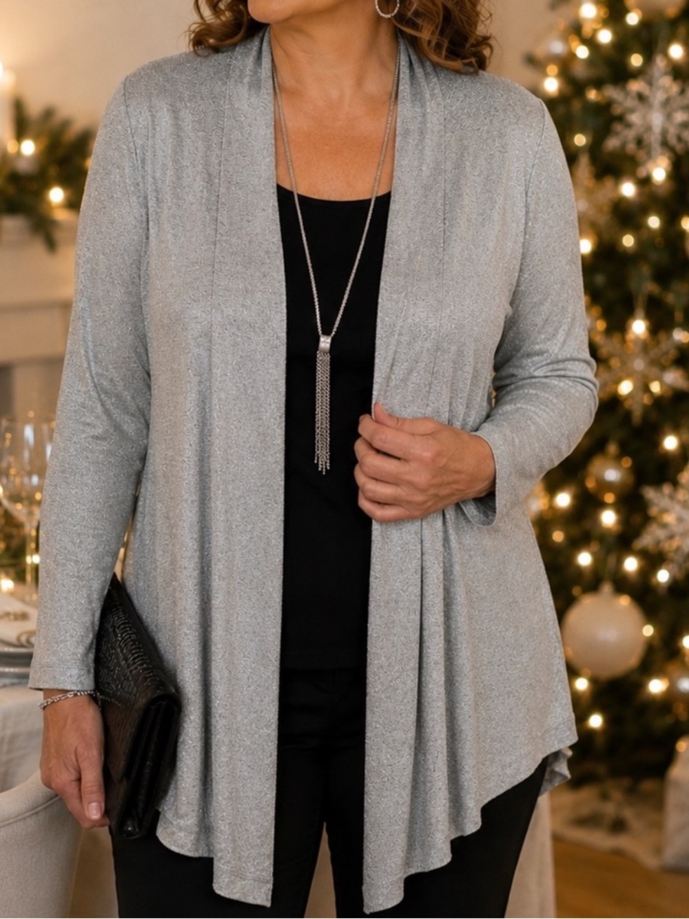 89th & Madison 2X Silver Shimmer Open Front Cardigan Metallic Lightweight Duster